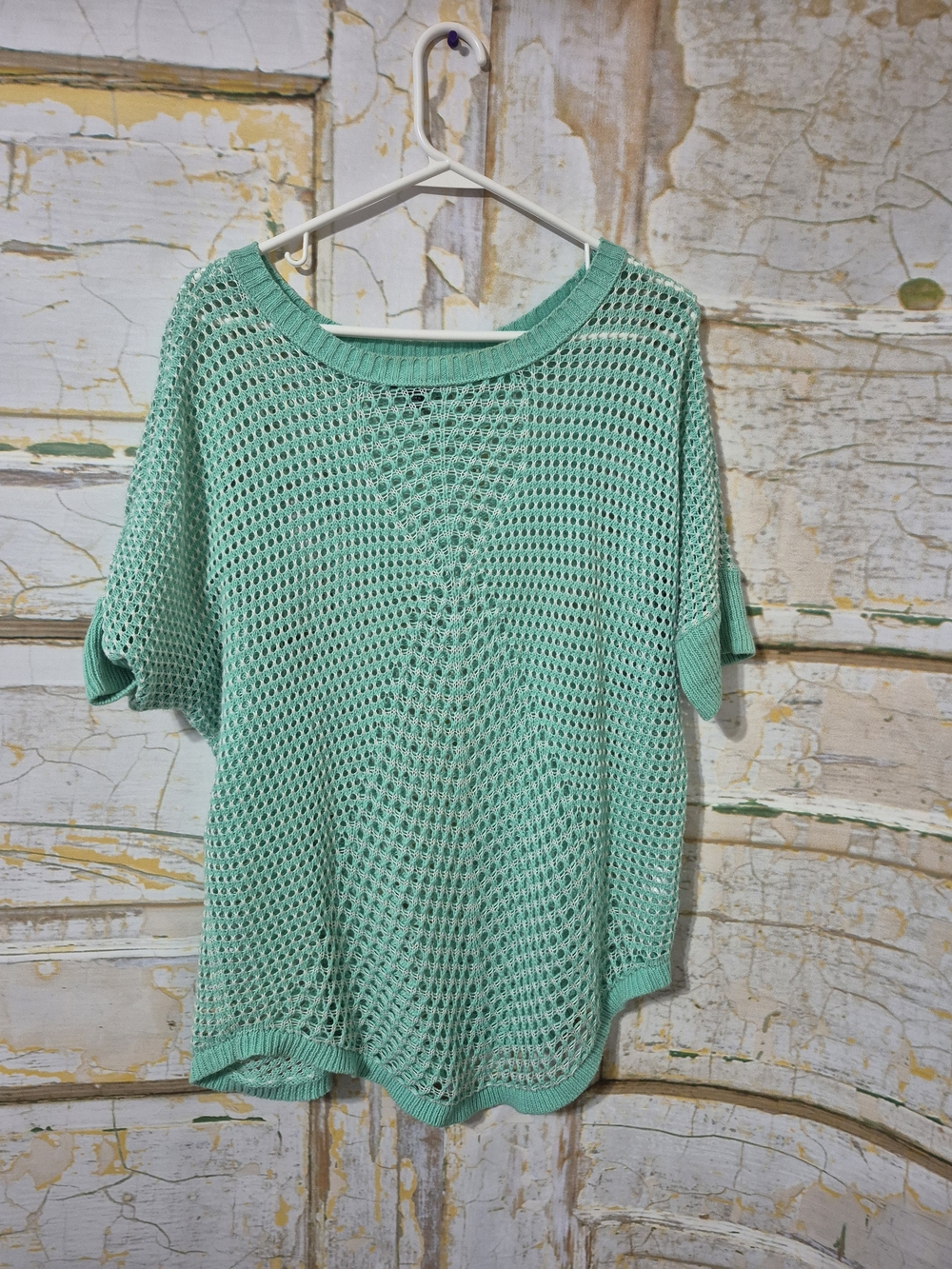 Mint Green Open Knit Short Sleeve Sweater